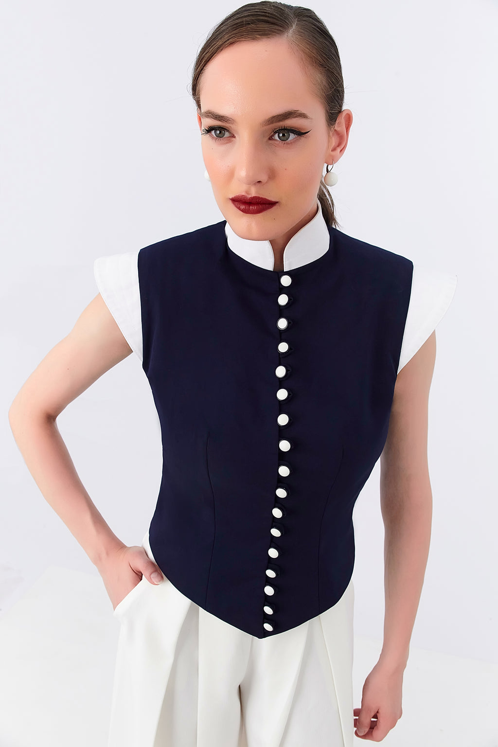 Blue Cropped Military Gilet Napoleon