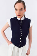 Blue Cropped Military Gilet Napoleon