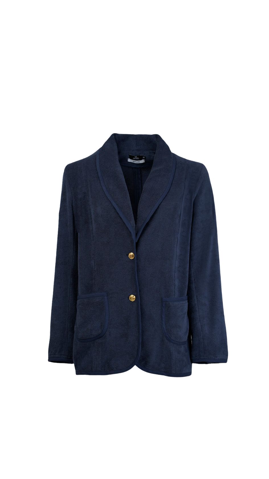 NEVRO PELAGOS TERRY BLAZER Tailored in breathable terry cloth with dark blue piping and gold buttons, the Pelagos Blazer brings maritime depth and summer ease to a relaxed, single-breasted silhouette.