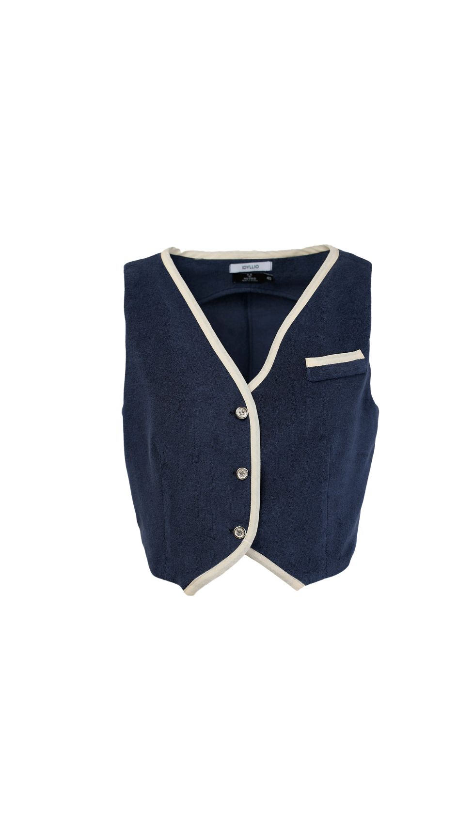 NEVRO AEGEAN TERRY VEST The Aegean Terry Vest channels crisp coastal tailoring with a sculpted fit, cream piping, silver buttons, and soft navy terry—elegance drawn in sea breeze and structure.