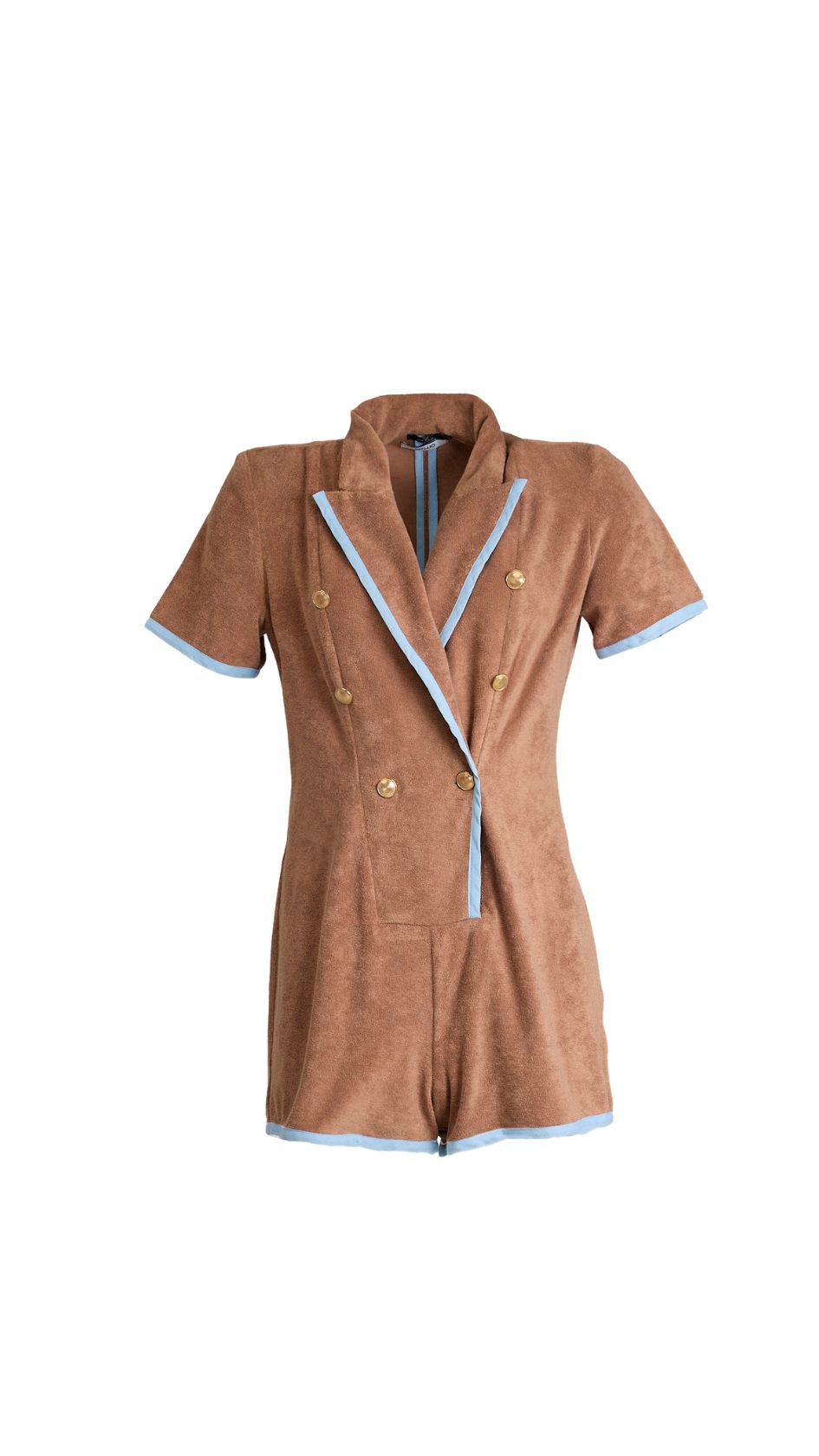 The ESPRESSO Terry Playsuit is a tailored summer staple with baby blue piping and a refined, double-breasted silhouette.