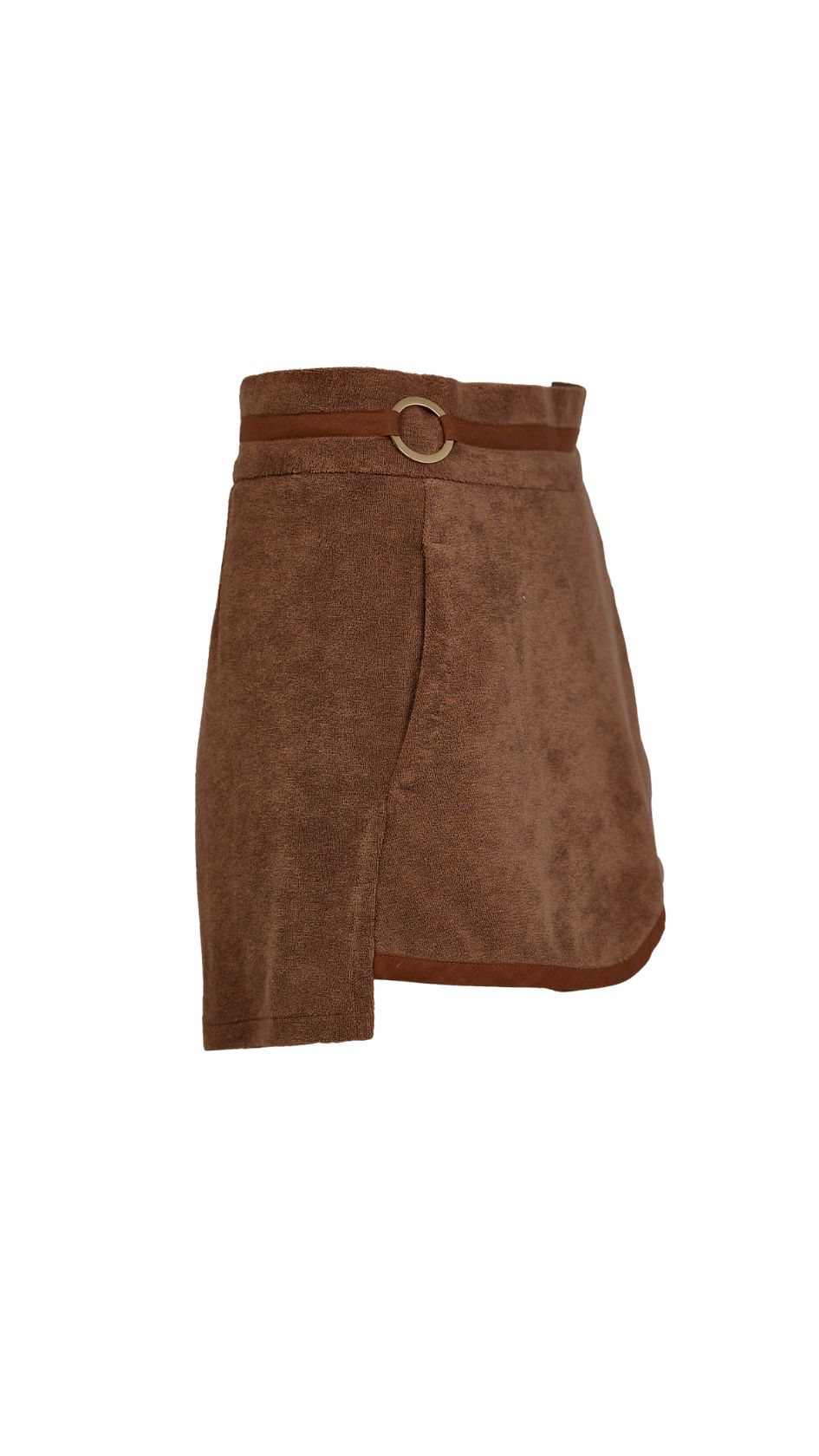 The Espresso Terry Shorts channel earthy elegance with a structured wrap-front fold, brown accent piping, and engraved gold rings—tailoring grounded in ease and texture.