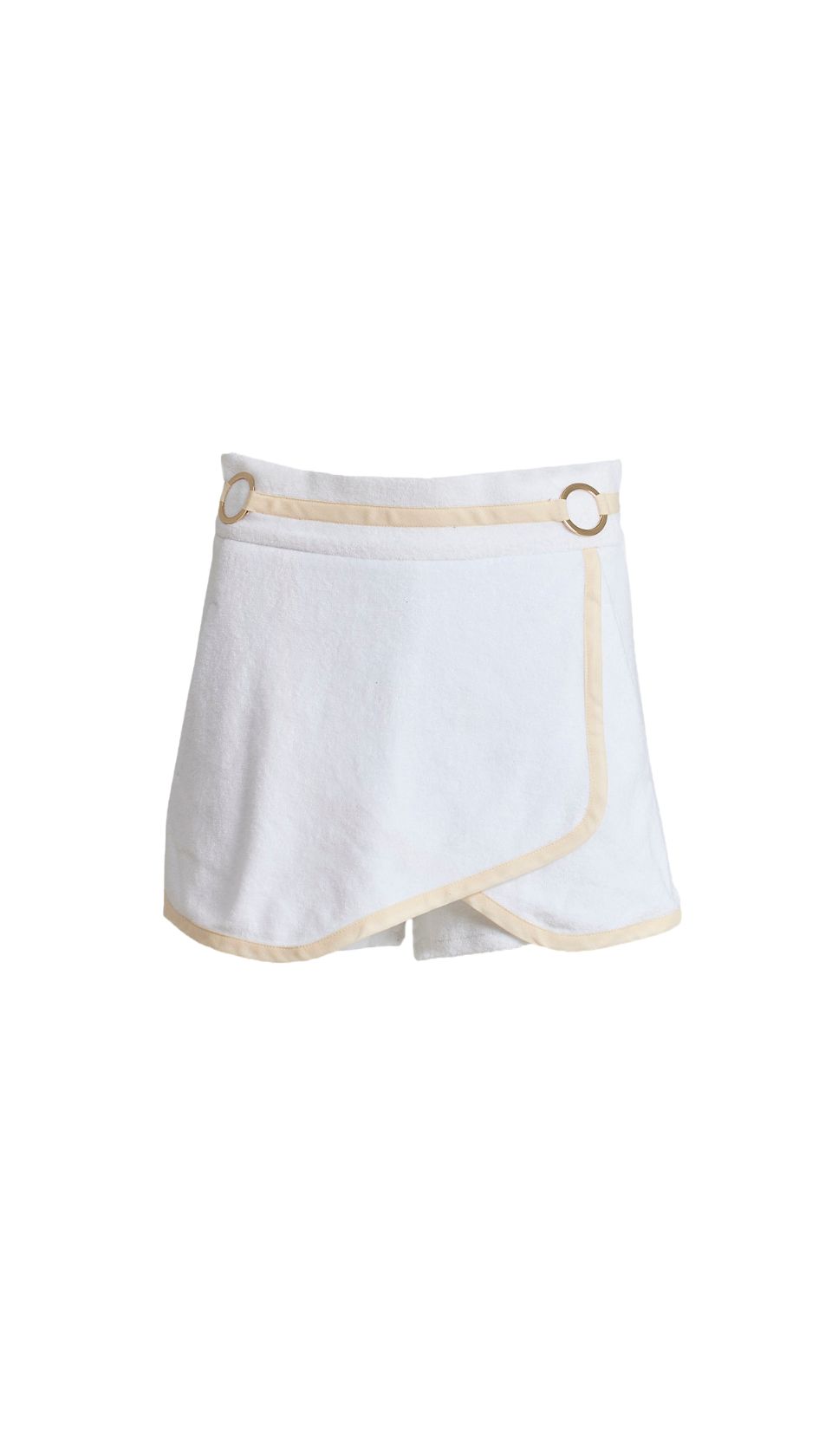 The White Sand Terry Shorts blend sculptural clarity with quiet refinement—crafted in soft white terry with cream piping, gold ring accents, and a crisp wrap-front fold.