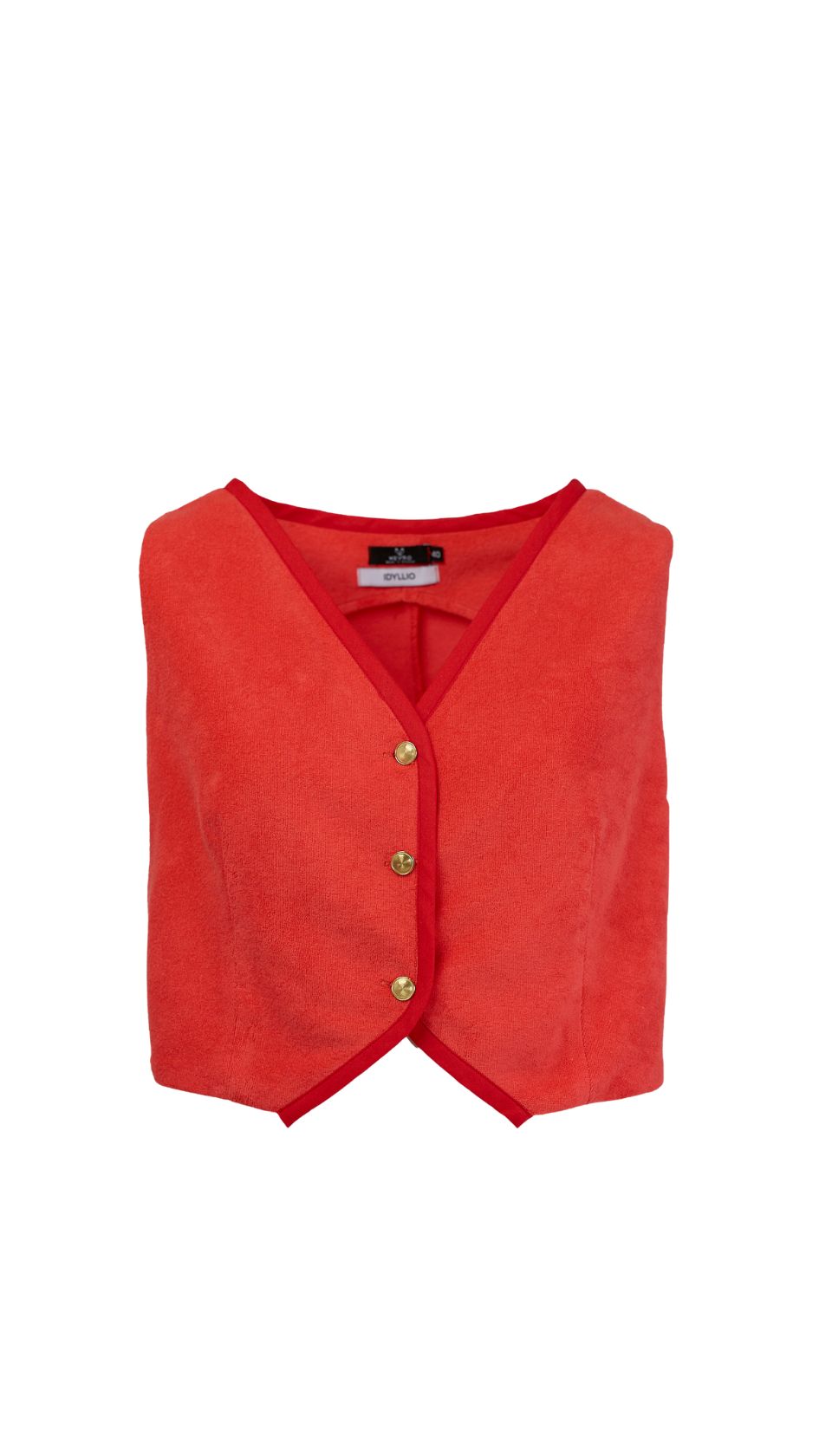 NEVRO BLLOODY MARY TERRY VEST The Bloody Mary Terry Vest blends tailored sharpness and liquid heat—crafted in plush red terry with vivid red piping and engraved gold buttons.