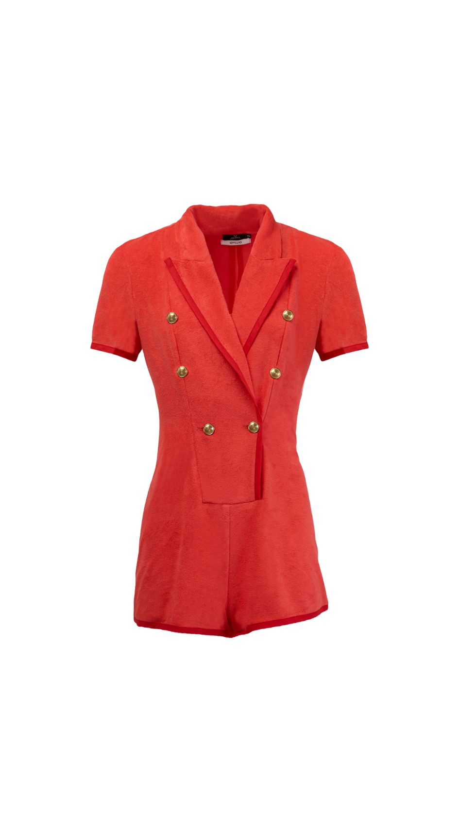 The BLOODY MARY Terry Playsuit combines tailored confidence with summery softness—cut from plush terry cloth and trimmed in bold red.