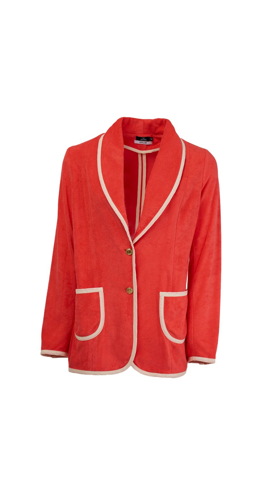 Crafted from watermelon-hued terry cloth with cream piping, this unlined single-breasted blazer blends playful color with relaxed sophistication in a breathable, tailored silhouette.