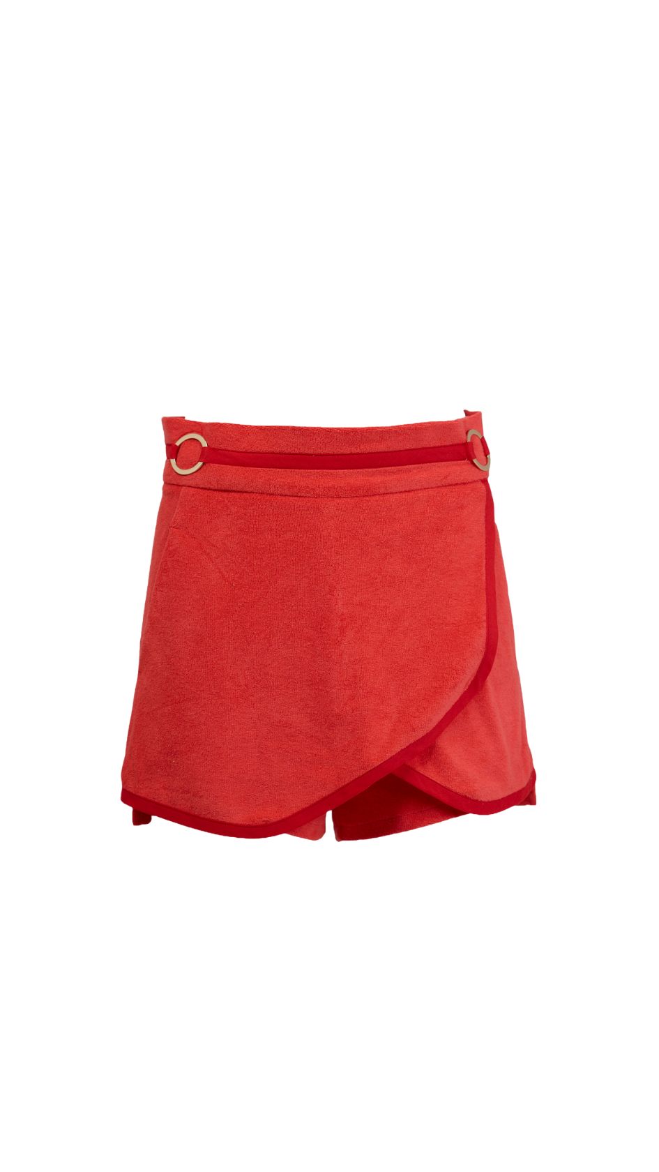 Tailored in fiery red terry with bold red piping, the Bloody Mary Terry Shorts feature a crisp wrap-front fold and engraved gold rings—tailoring meets heatwave glamour.