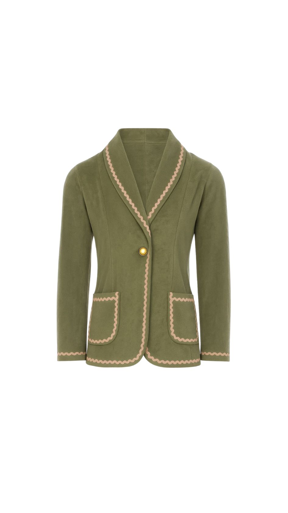 Grounded in the terraced hills of Ysternia, this olive-toned terry blazer pairs earthy softness with sculptural lines. With beige zig-zag trim and shawl lapels, the YSTERNIA blazer honors the land’s quiet power and timeless craftsmanship.