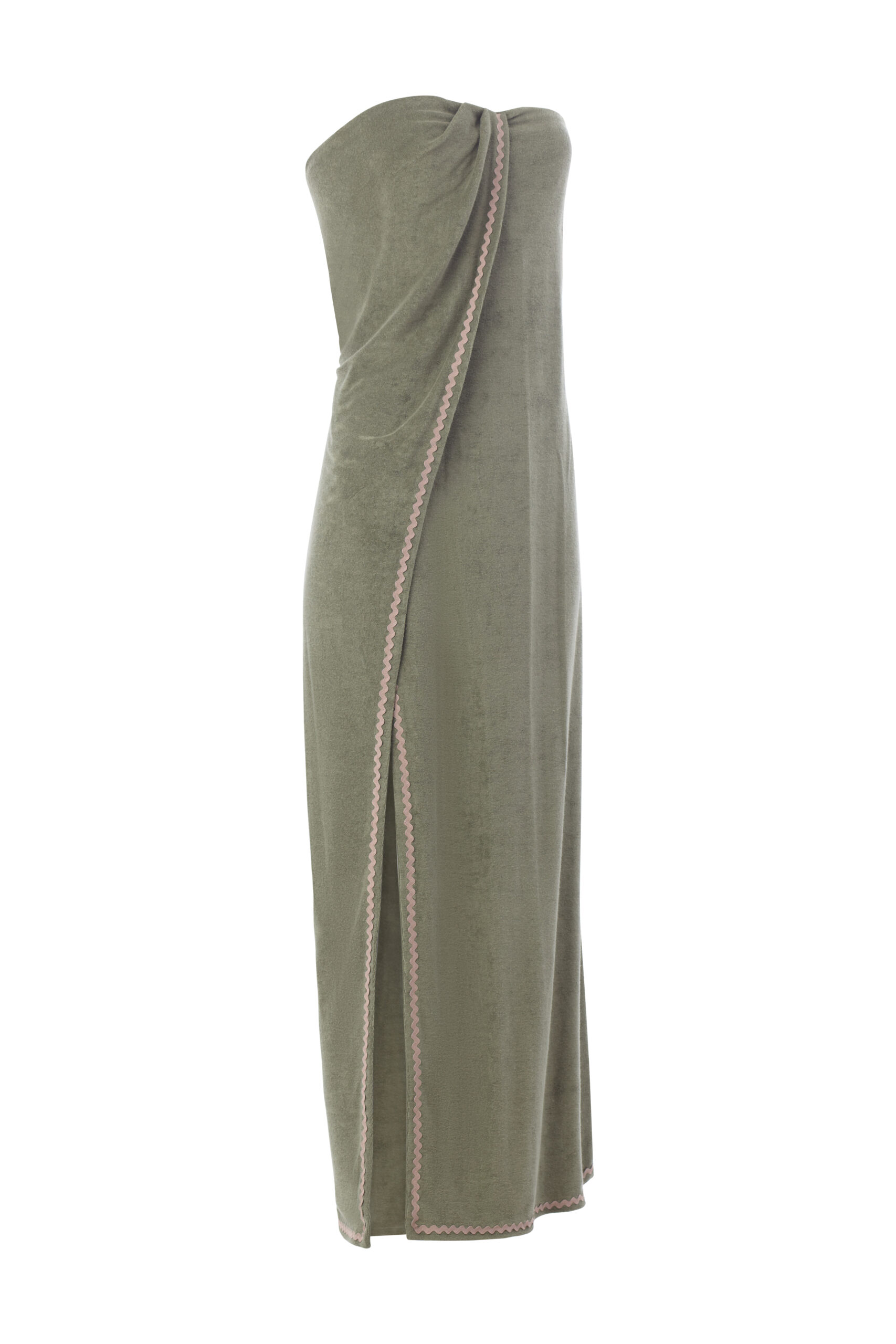 The YSTERNIA Terry Strapless Dress in olive green pairs soft terry cloth with beige zigzag trimming and a side slit, finished with a gold-ring belt that can be worn as a headpiece or choker—versatile, grounded, and summer-ready.