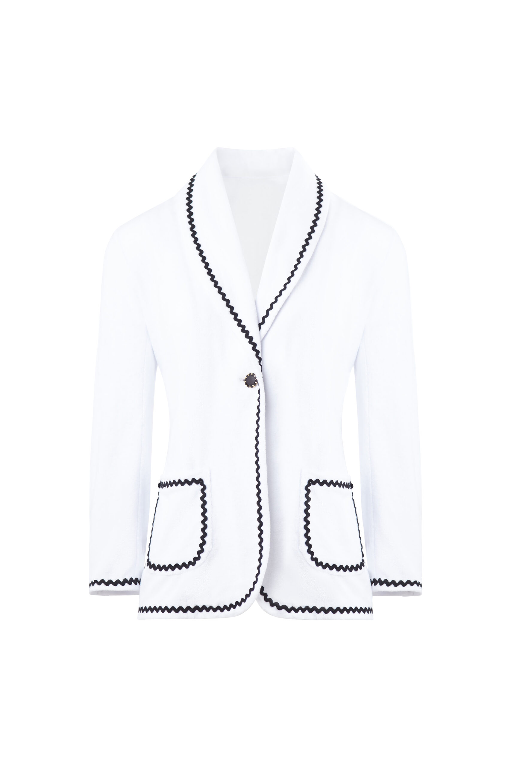 Inspired by the sculptural landscape of Volax in Tinos, the VOLAX Terry Blazer contrasts crisp white terry cloth with bold black trimming, blending Cycladic minimalism with poetic structure in a piece shaped by nature and intention.