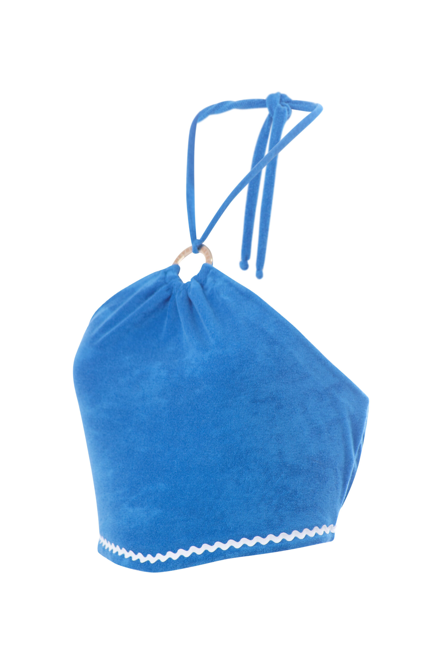 The ICARUS Bust channels island elegance in Cycladic Blue terry cloth, featuring a sculptural halter neck, engraved gold ring, and white zig-zag trim—crafted for sun, sea, and statement-making.