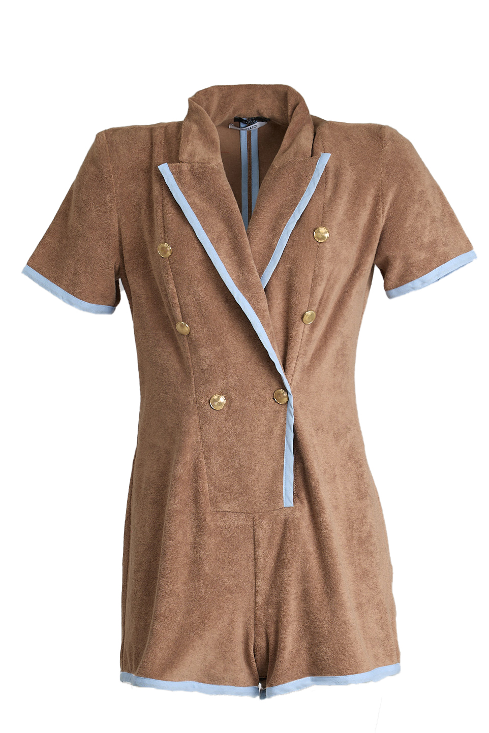 The ESPRESSO Terry Playsuit is a tailored summer staple with baby blue piping and a refined, double-breasted silhouette.