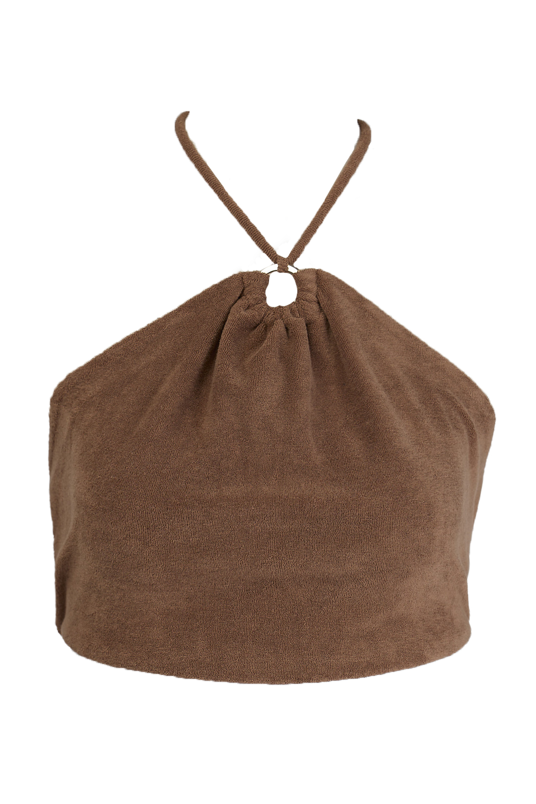 Crafted in plush espresso terry, this halter-neck bust top features a gold ring detail, brown tonal piping, and grounded elegance inspired by sun-warmed earth and slow summer moments.