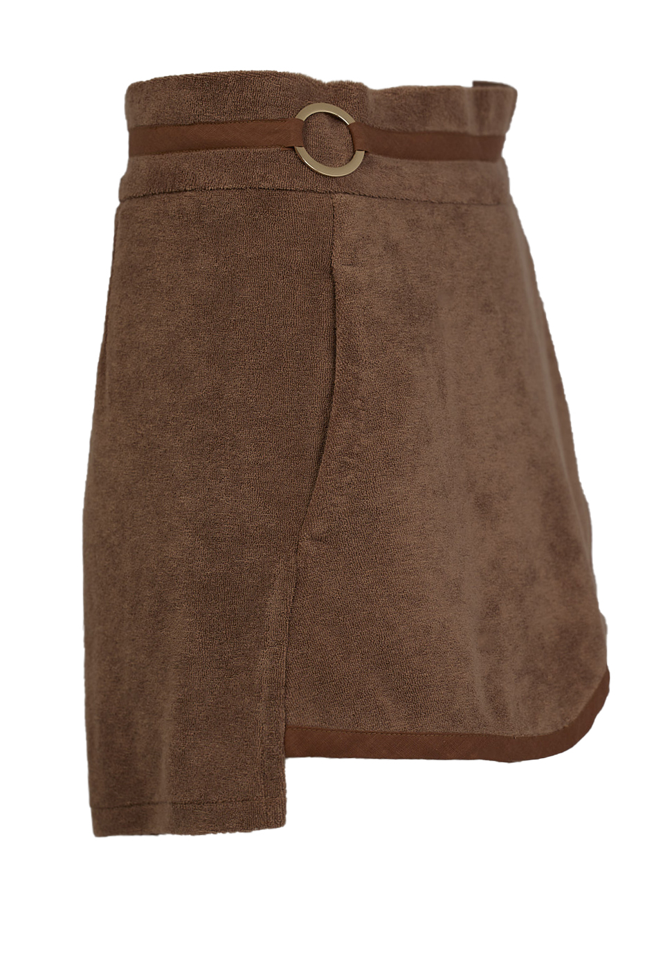 The Espresso Terry Shorts channel earthy elegance with a structured wrap-front fold, brown accent piping, and engraved gold rings—tailoring grounded in ease and texture.