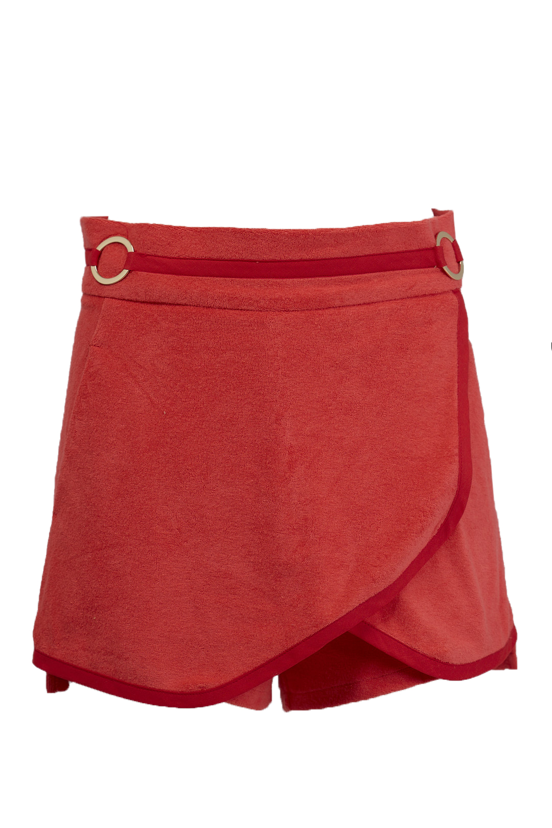 Tailored in fiery red terry with bold red piping, the Bloody Mary Terry Shorts feature a crisp wrap-front fold and engraved gold rings—tailoring meets heatwave glamour.