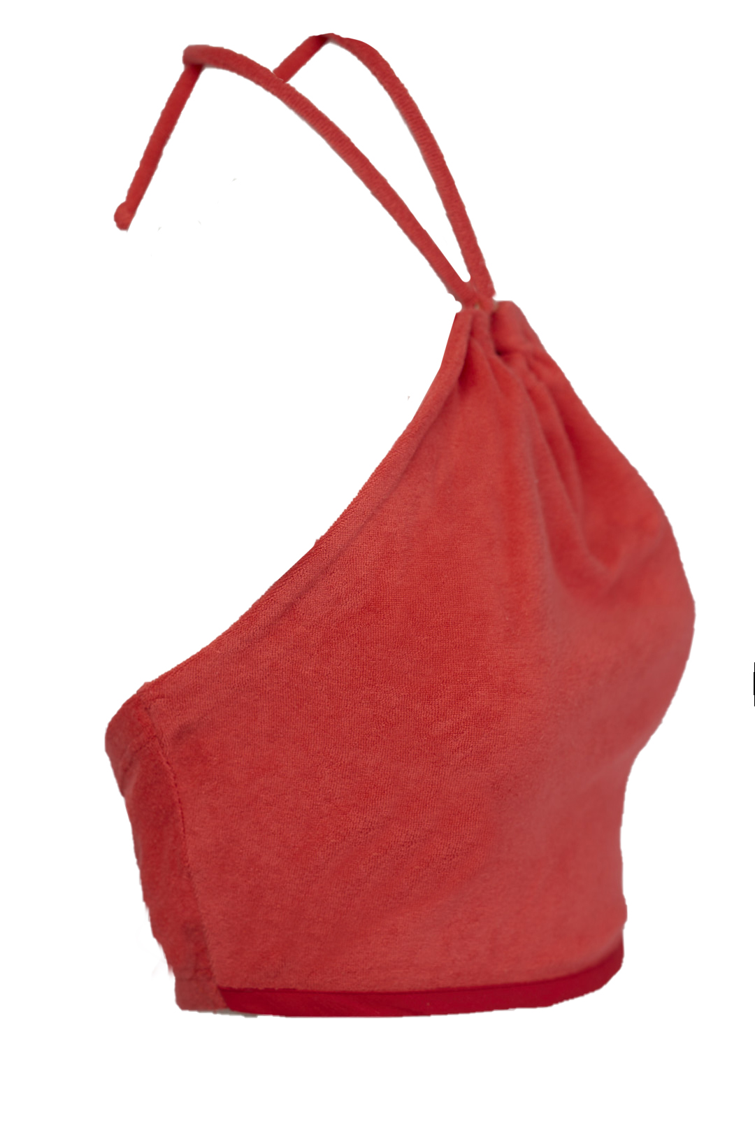 Main fabric: 100% Cotton Terry Cloth Trimming: Deep red cotton accent piping Hardware: Gold-toned engraved metal ring Unlined for lightness and breathability Design Features: Cropped halter silhouette Gathered neckline with fixed center ring Adjustable halter tie Red piping along hem Bold coral-red base tone Care Instructions: Dry clean only Do not bleach Do not tumble dry Iron inside-out on low heat Store flat or gently rolled Avoid direct contact with oils or sunscreen on metal hardware