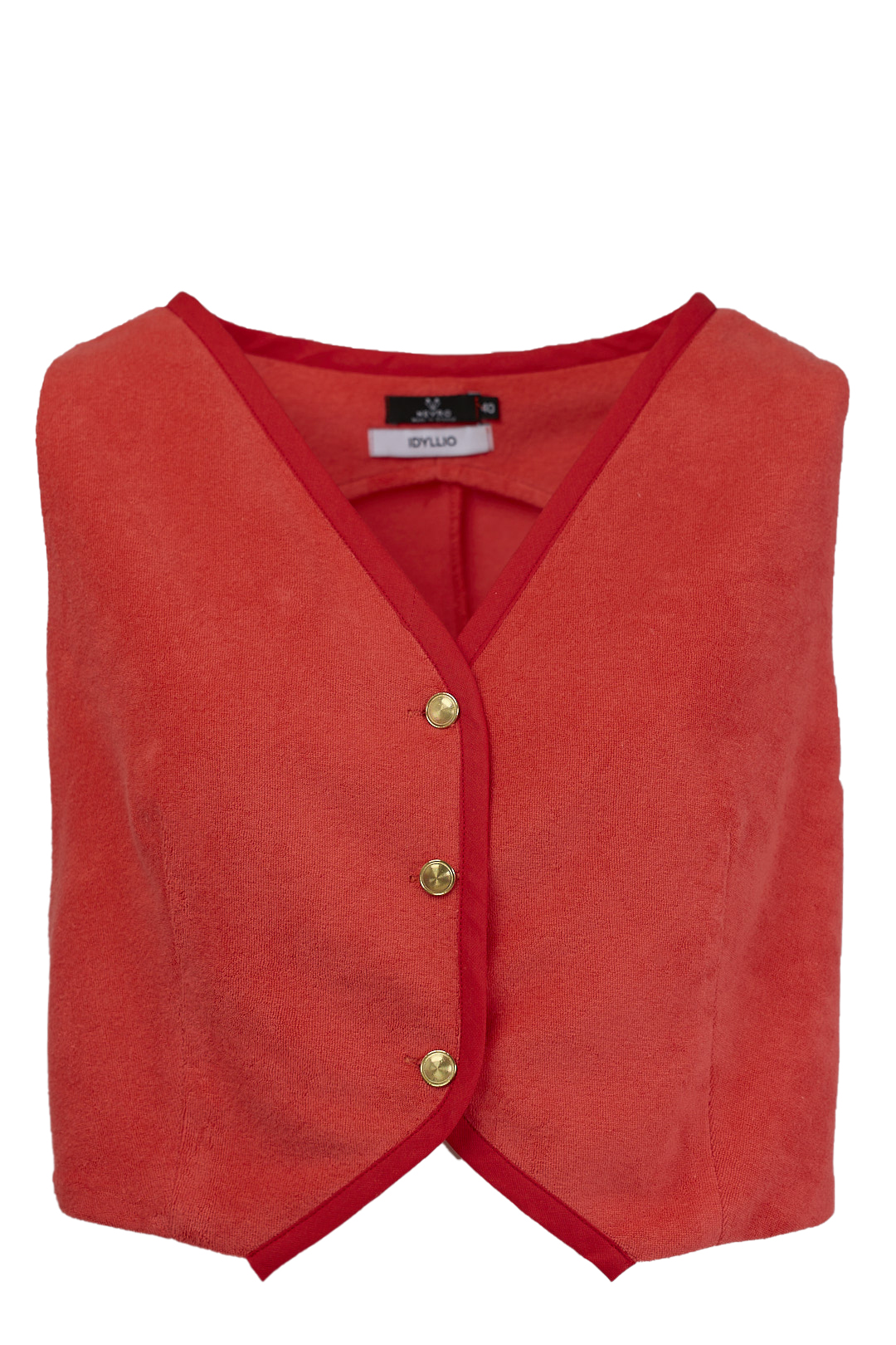 The Bloody Mary Terry Vest blends tailored sharpness and liquid heat—crafted in plush red terry with vivid red piping and engraved gold buttons.