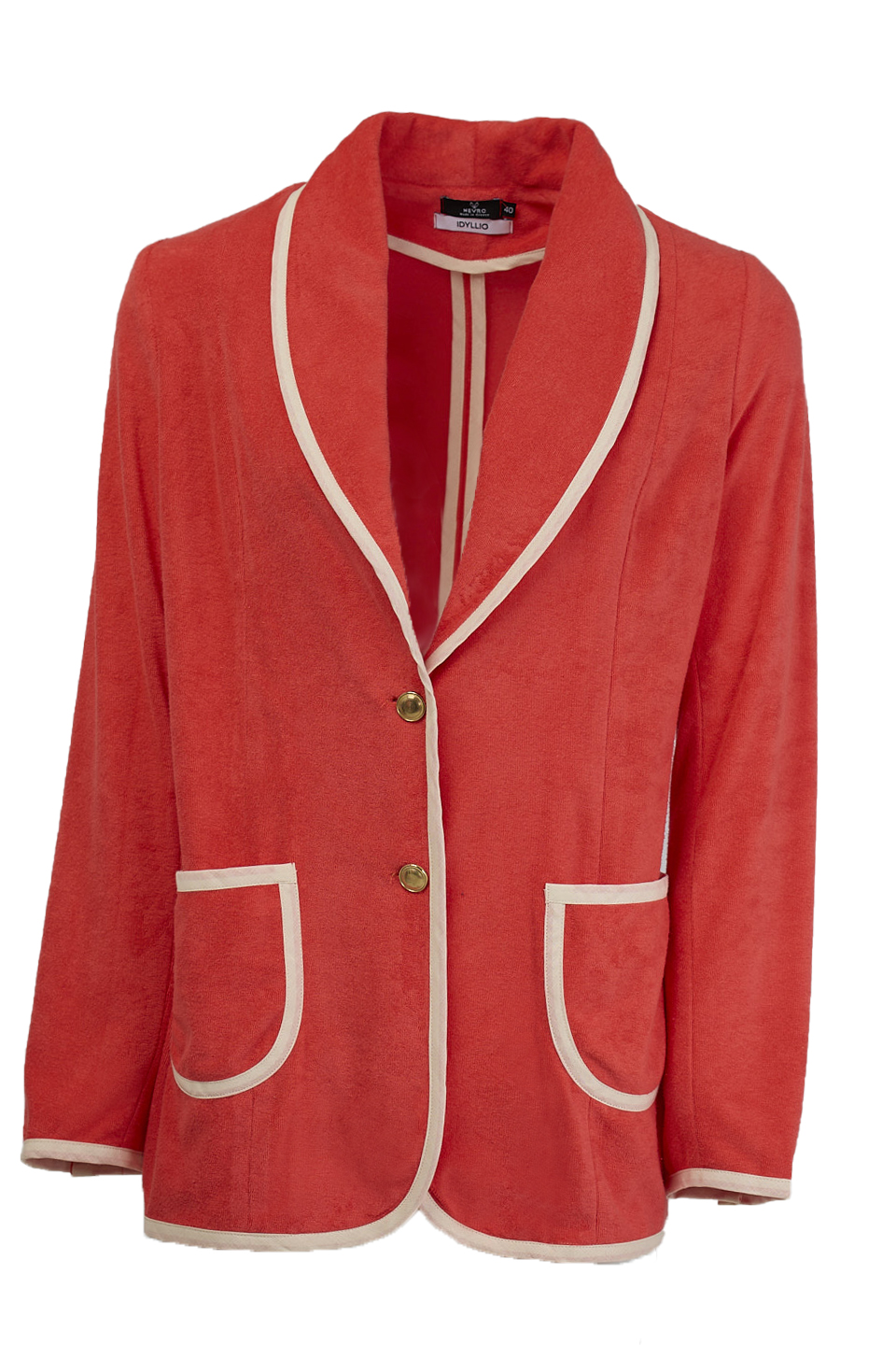 Crafted from watermelon-hued terry cloth with cream piping, this unlined single-breasted blazer blends playful color with relaxed sophistication in a breathable, tailored silhouette.