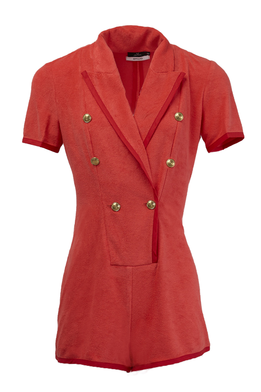 The BLOODY MARY Terry Playsuit combines tailored confidence with summery softness—cut from plush terry cloth and trimmed in bold red.
