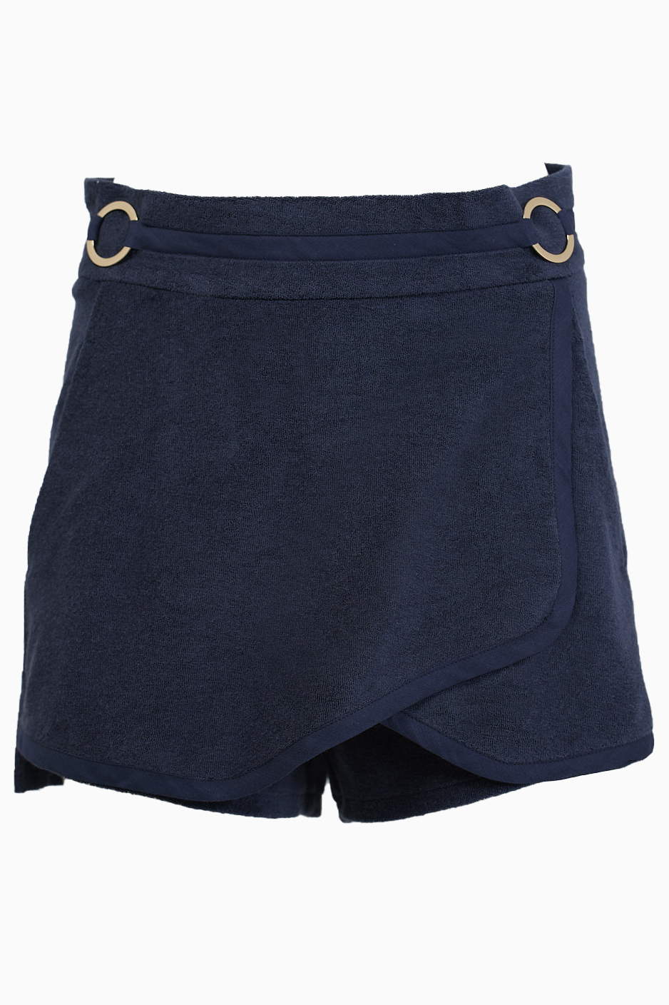 The Pelagos Terry Shorts capture the stillness of deep water with a clean wrap-front fold, dark blue piping, side pockets, and engraved gold rings—a tailored homage to the sea.
