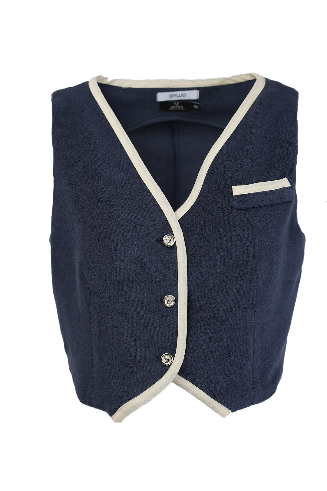 The Aegean Terry Vest channels crisp coastal tailoring with a sculpted fit, cream piping, silver buttons, and soft navy terry—elegance drawn in sea breeze and structure.